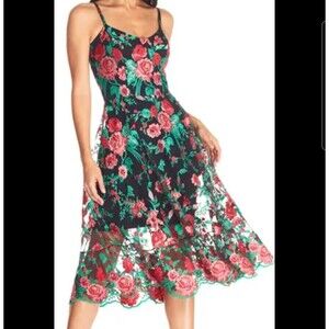 DRESS THE POPULATION Black Sheer Uma Floral Cocktail Dress Rockabilly Retro Med
